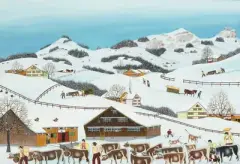 Kühe auf dem Weg in den Stall by Albert Manser, 1971, oil on board, sold Nov 2025