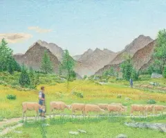 Malojapass mit Hirten und Schafherde by Gottardo Guido Segantini, 1955, oil, sold Nov 2025