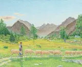 Malojapass mit Hirten und Schafherde by Gottardo Guido Segantini, 1955, oil, sold Nov 2025