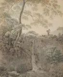 zugeschrieben Baumbestandene Landschaft mit kleinem Wasserfall und einem Jäger mit Hund by Daniel Lafond, watercolor, sold Dec 2025