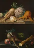 zugeschrieben Gegenstücke: Zwei Stillleben mit Sellerie, Kürbis und Zwiebel by Johann Emanuel Wyss, 1810, oil on panel, sold Dec 2025