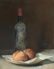 Stillleben mit Weinflasche und Semmeln by Werner Weber, 1939, oil on canvas, sold Dec 2025