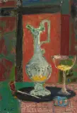 Stillleben mit Karaffe und Glas by Adolf Herbst, oil on board, offered Dec 2025