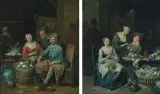Gegenstücke: Interieur mit Apfelschälerin / Interieur mit trinkendem Paar by Jan Baptist Lambrechts, oil on panel, offered Sep 2025