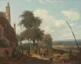 Tanzende Bauern vor einem stattlichen Landhaus by Nicolas-Antoine Taunay, oil on panel, offered Sep 2025