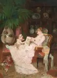 Mutter und Kind bei der Lektüre im Salon by José Miralles-Darmanin, oil on canvas, sold Sep 2025