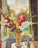 Stillleben mit Gladiolenstrauss vor geöffnetem Fenster by Mario Cavaglieri, 1953, oil on canvas, sold Sep 2025