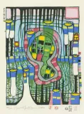 Pazifischer Regentropfen auf Tahiti by Friedensreich Hundertwasser, 1989, color woodcut, sold Sep 2025