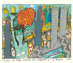 N.Y.C is the Land of Liberty by James Rizzi, 2001, color lithograph, sold Sep 2025