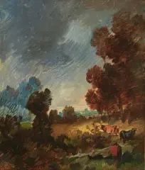 Rotjacke mit Kühen zwischen Bäumen by Wilhelm Busch, oil, sold Sep 2025
