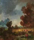 Rotjacke mit Kühen zwischen Bäumen by Wilhelm Busch, oil, sold Sep 2025