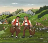 Zwei Appenzeller Sennen by Jakob Binder, 1975, oil on panel, sold Sep 2025