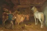 Bauer im Stall mit Kühen und Pferd by Rudolf Koller, 1876, oil, offered Sep 2025