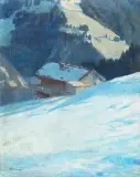 Chalet in Les Ormonts im Winter by Abraham Hermanjat, oil on board, sold Sep 2025