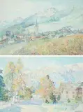 Zwei Landschaften: Erster Schnee in Zuoz / Engadiner Dorf im Winter by Iseline Crivelli, oil on canvas, sold Sep 2025