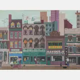 Untitled City Street by Joan Landis, Acrylic on masonite, offered May 2022