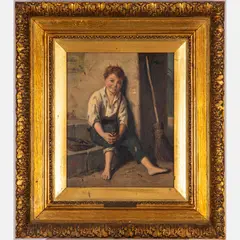 Boy Sitting Against a Wall by John Wells Smith, Oil on canvas laid on board, offered May 2022