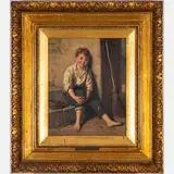 Boy Sitting Against a Wall by John Wells Smith, Oil on canvas laid on board, offered May 2022