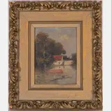 River Landscape with Cottage by George van Millett, Oil on board, offered Apr 2022