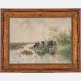 Fisher (Czech/American, 1854-1916) River Landscape with Cows by Hugo Anton, Watercolor, offered Apr 2022