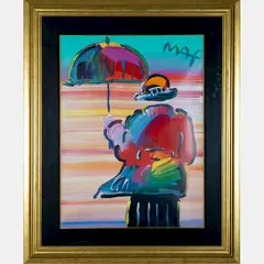 Umbrella Man by Peter Max, Mixed media painting with acrylic and color lithography on paper, offered Aug 2016