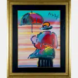 Umbrella Man by Peter Max, Mixed media painting with acrylic and color lithography on paper, offered Aug 2016