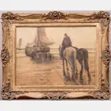 Coastal Scene with Figures by J. Polar, Oil on paper, offered Jun 2016