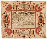FOLK ART FRAKTUR BIRTH AND BAPTISMAL CERTIFICATE by Martin Brechall, watercolor and ink on paper, offered Jun 2023