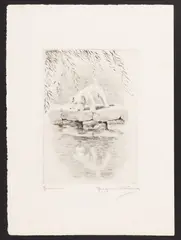 NARCISSUS ETCHING, depicting a puppy staring at its reflection by Marguerite Kirmse, pencil-signed and titled in the lower margin. Unframed. Circa 1930. 12 1/4, offered Jun 2023