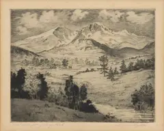 FIRST GLIMPSE OF LONG'S PEAK by Lyman Byxbe, etching on paper, offered Jun 2023