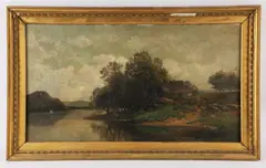 landscape painting depicting lakeside cottage by Carl Weber, oil on canvas, sold May 2024
