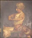 Untitled (Young Girl Washing Up) by Janet Wheeler, oil on canvas, sold Apr 2022