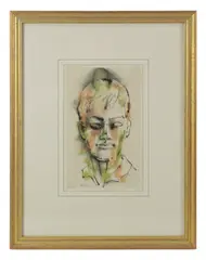 Man's Head by Malcolm Edgar Case, watercolor and ink, sold Aug 2024