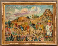 Man and Two Donkeys by David Burliuk, 1947, Oil on Burlap, sold Feb 2024