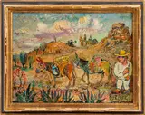 Man and Two Donkeys by David Burliuk, 1947, Oil on Burlap, sold Feb 2024