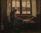 A young woman seated by a window by Archibald Woodhouse, oil, sold Apr 2023