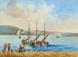 Fishing boats tying up by Robert Caruana Dingli, watercolor, sold Apr 2023