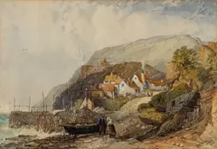 A Cornish fishing village scene with figures by John Francis Salmon, watercolor, offered Apr 2023
