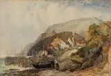 A Cornish fishing village scene with figures by John Francis Salmon, watercolor, offered Apr 2023
