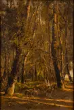 A sunlit woodland scene with a shepherd and his flock by Gyula Aggházy, oil, sold Jan 2023