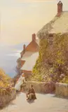 A young fisherman and a girl outside cottages on the coast by John White, watercolour, sold Jan 2023