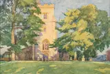 A sunlit village church by Buddig Anwylini Pughe, watercolor, sold Jan 2023