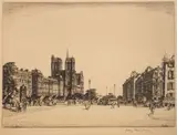 A Parisian Street view with Notre Dame beyond by Henry Rushbury, print (other), offered Jan 2023
