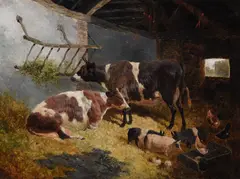 Cattle, pigs and chickens in a barn by John Frederick Herring Junior, oil, sold Mar 2023