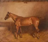 Bay mare in a stable by Charles E. Gatehouse, 1911, oil, sold Mar 2023