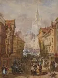 A busy market in newcastle by Louise Rayner, watercolor, offered Mar 2023
