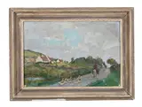 Figures and geese along a country path by Charles Cundall, oil, sold Feb 2023