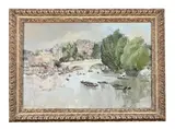 Boating along the river, possibly near richmond by Eve Kirk, oil, sold Feb 2023