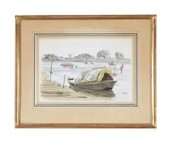 Indian river scene with a moored boat and camels crossing the river by Graham Rust, watercolor, sold Feb 2023