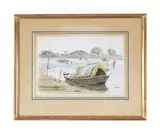 Indian river scene with a moored boat and camels crossing the river by Graham Rust, watercolor, sold Feb 2023